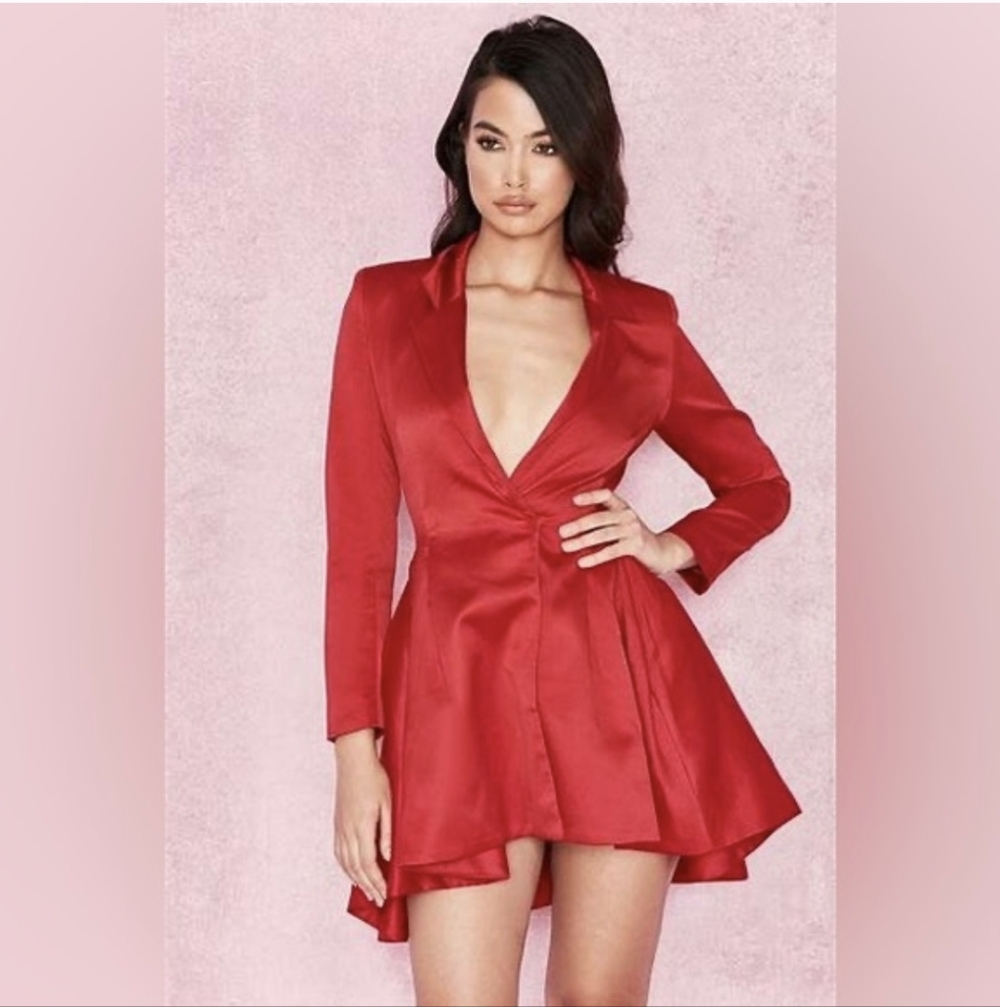 House of CB Red Simoneta Satin Tailored Jacket Mini Dress Size XS - Picture 2 of 16